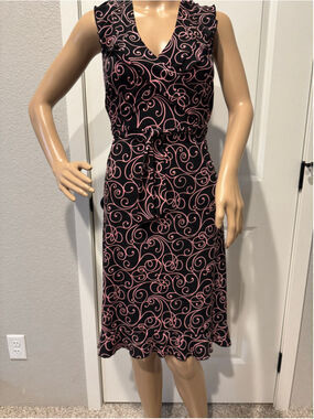 Women's j.t.b. Midi Faux Wrap Dress Size L Black Pink Swirl Print Sleeveless